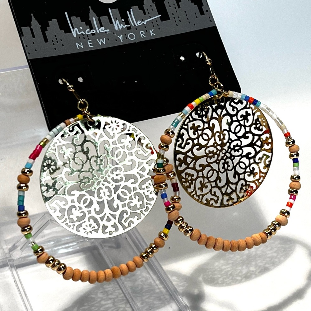 Designer Gold with Multicolor Beaded Hoop Earrings - Picture 7 of 14